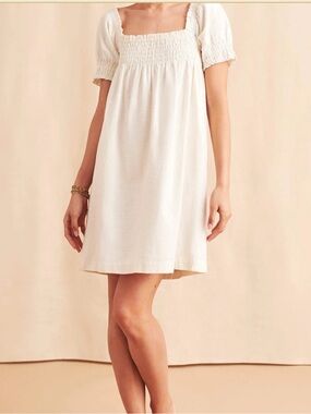 FAHERTY Ramona Mini Dress Smocked Puff Sleeve 100% Organic Cotton Egret Cream M